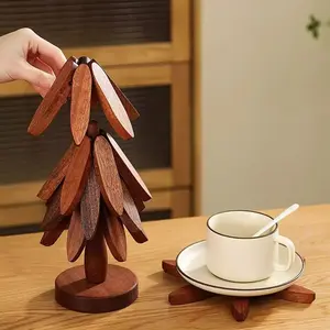 Natural Tree Trivet Set - 4 Wooden Trivets &1Stand - Heat-Resistant Foldable Design -Durable & High-Quality Solid Wood - Ideal forHot Dishes, Pots, Bowls, Teapots - Kitchenware& Tableware Coasters
