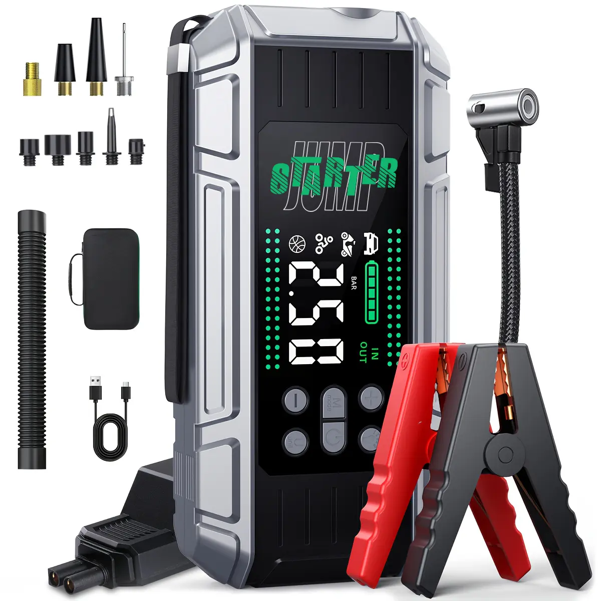 10,000A Car Battery Jump Starter (with Inflation/Deflation Function), 7-in-1 Portable Emergency Power Kit, Multifunctional Wireless Air Pump (for Inflating Tires), Featuring a Large LCD Screen—Portable Car Gift, Holiday Gift, Car Accessories
