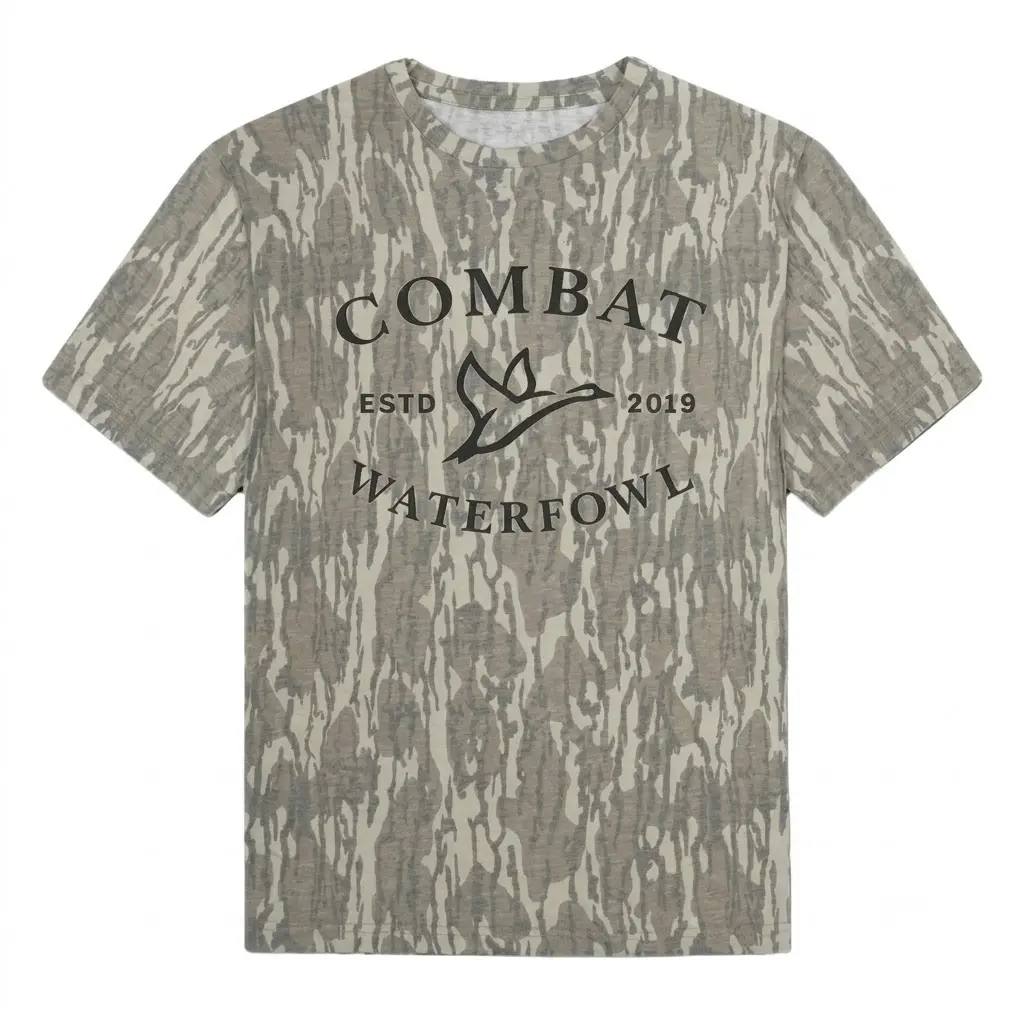 Combat Waterfowl Camo Shirt - Mossy Oak Bottomland Tee- Soft Stretch Cotton, Full Size S-5XL