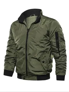 Men's Regular Fit Contrast Binding Zip Up Bomber Jacket Coats, Casual Pocket Long Sleeve Funnel Neck Outerwear for Winter, Solid Pocket Jacket, Men's Clothes for Daily Wear