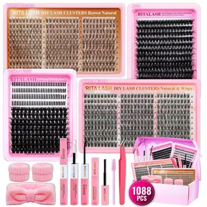 RITALASH 1088PCS D Curl Gift Cluster Lash Kit, Eyelash Extension Kit, DIY Individual Eyelashes Large Capacity Lashes Mixed Color Black Lashes Anime False Eyelashes Kit DIY at Home with Bond and Seal Tweezer Cluster Lash Remover and Lash Brush