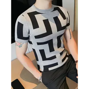 Lightweight Feel | Men's Slim Fit Short Sleeve Knit Sweater - Casual Geometric Pattern Pullover, Red & Black Knit Top For Summer, Round Neck, Lightweight & Breathable Fabric, Pullover Top | Geometric Pattern Sweater | Comfortable Wear