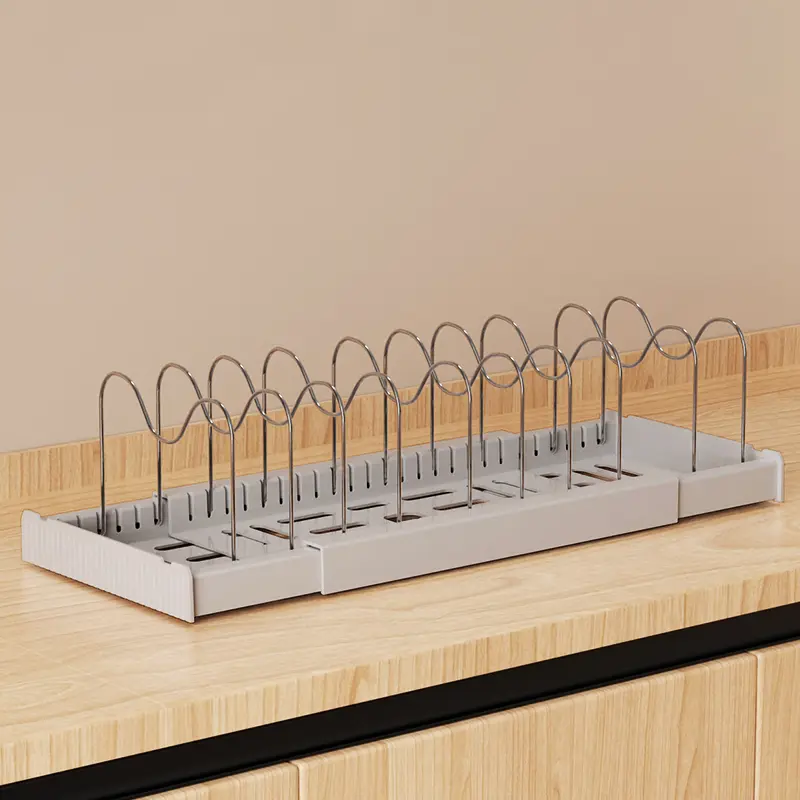 Retractable Plate Organizer Rack, Expandable Stainless Steel Dish Holder With Drain Base, Adjustable White Cabinet Storage Rack, Space Saving Pot Lid Plate Saucer Stand For Kitchen Counter & Cabinet Organization