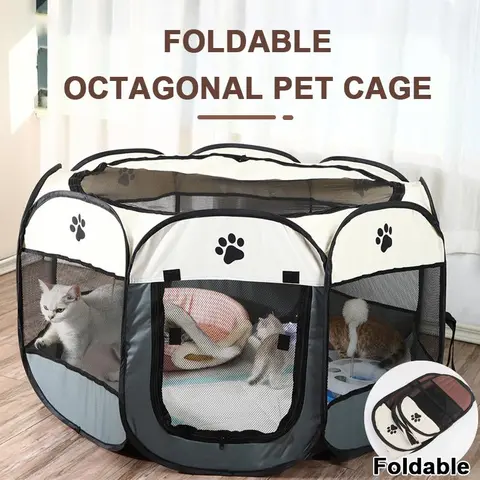 Dog Cat Playpen, Puppy Pet Playpen Indoor for Small Dogs Tent Crates Cage Outdoor, Portable Pop Up Dog Kennel Playpen with Carrying Case for Dogs/Cats/Rabbits, Removable Zipper Top, Grey Kittens