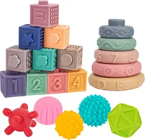 Summer Spring Gift 3 in 1 Montessori Toys for Babies 0-3-6-12 Months, Soft Baby Teething, Stacking Building Blocks for Infants, Sensory Developmental Education Toys for Toddler Baby 12-18 Months,22 PCS
