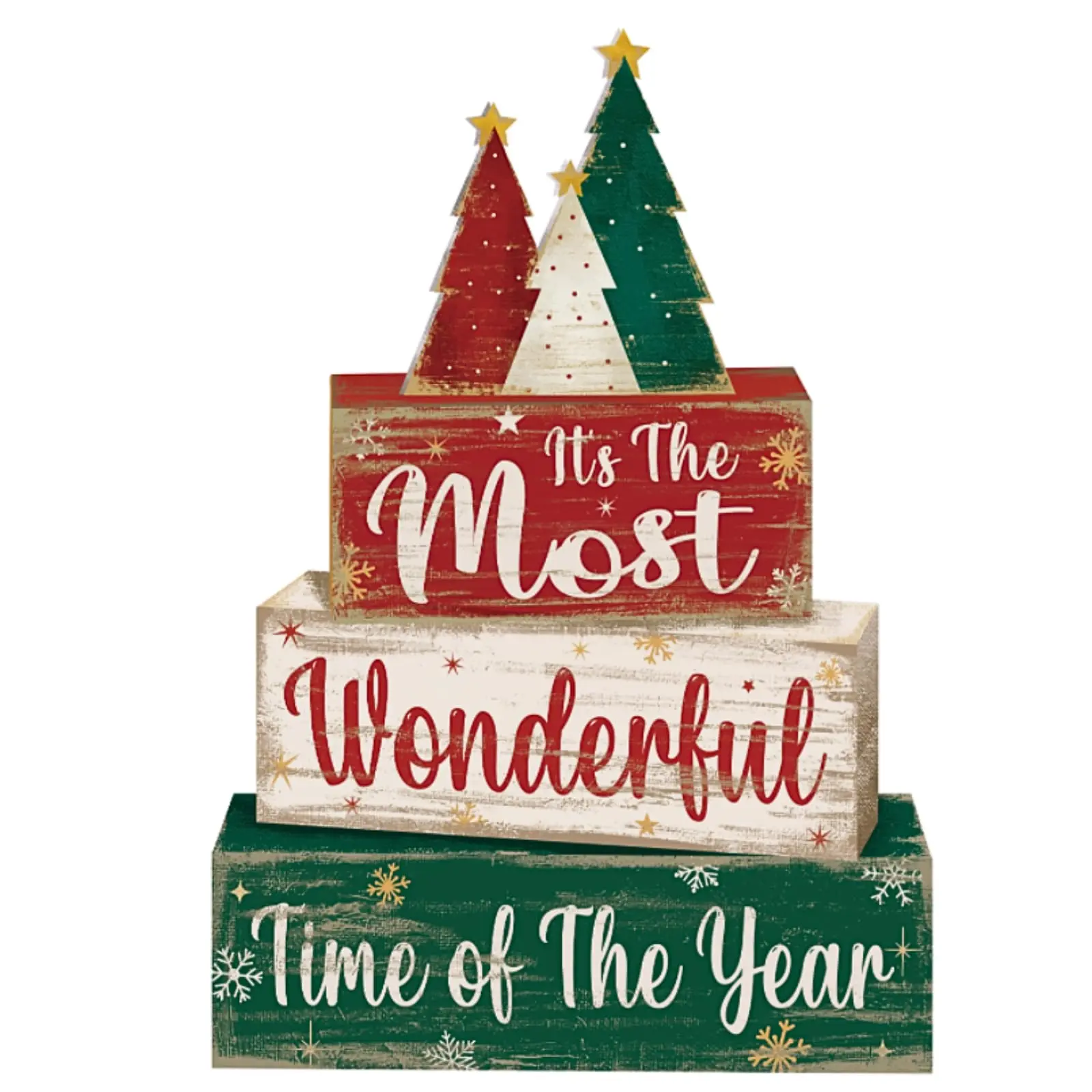 Set of 4 Christmas decorations: wooden tiered Christmas tree tray, Christmas centerpiece decoration, farmhouse wood blocks set, and Christmas table sign for the home kitchen