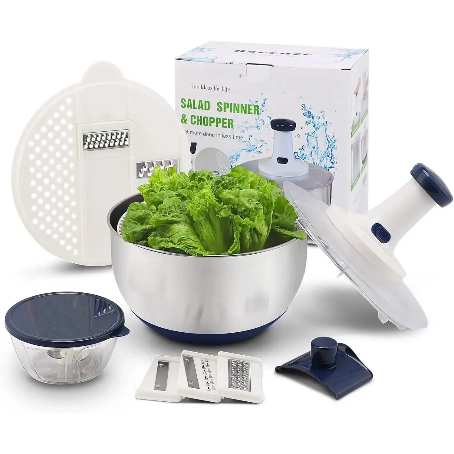 3-in-1 Set Stainless Steel Pump Action Kitchen Utensils - Large Collapsible Lettuce Spinner, Vegetable Chopping Slicer-Dicer, 5 QT Round Bowl with 5 Graters for Compact Storage, Large Size