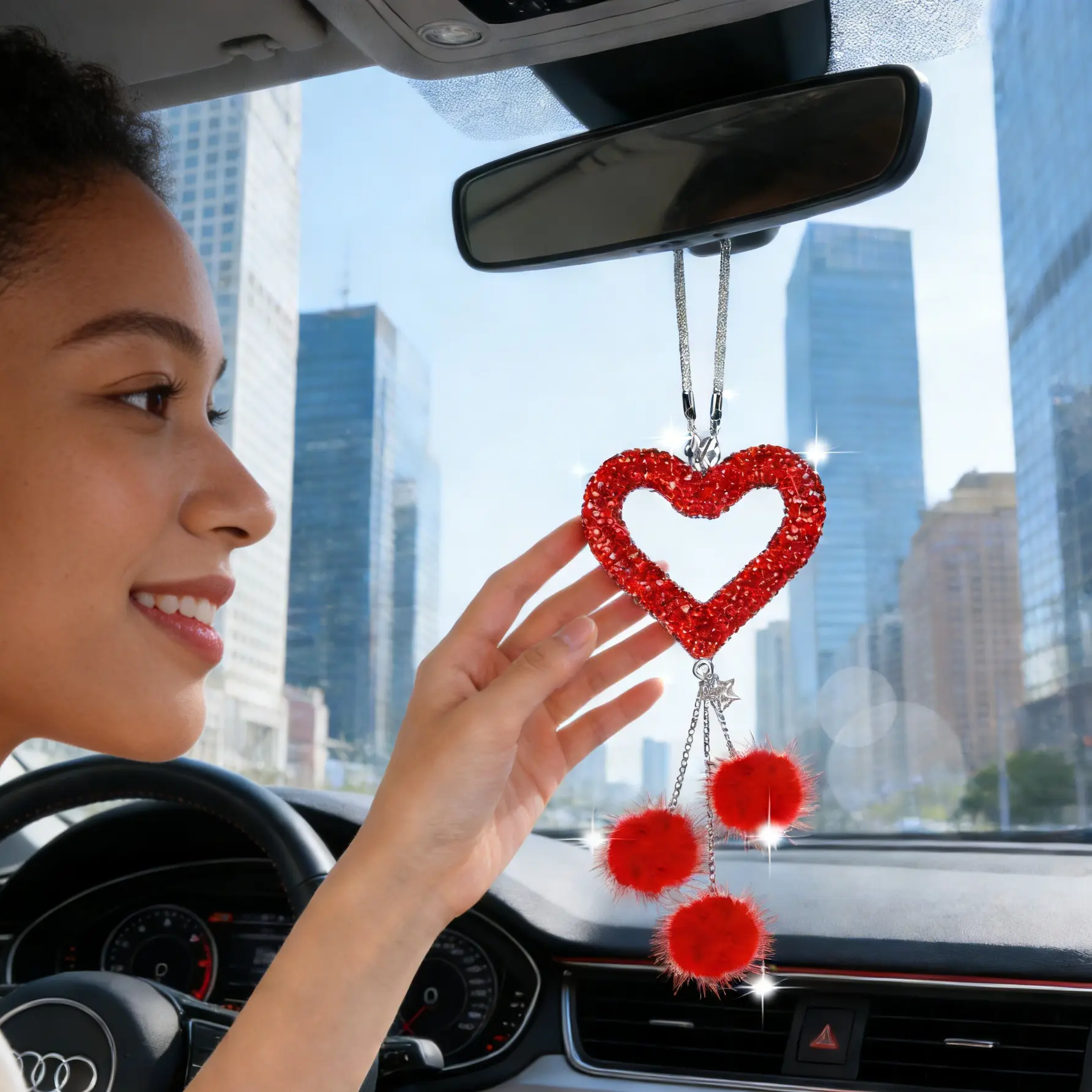 Heart-Shaped Rhinestone Fur Ball Car Mirror Ornament, Car Interior Decorative Accessory, Car Interior Ornaments, Options, Aesthetic Car Accessory, Car Accessories Cute, Sweet Fashion Bag Charm, Girl Gift, Girly Car Accessories, Bling Car Accessories