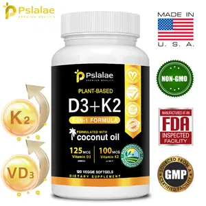 Pslalae - Vitamin D3 + K2, 2-in-1 - Contains Coconut Oil, Non-GMO - 120 Dietary Capsules