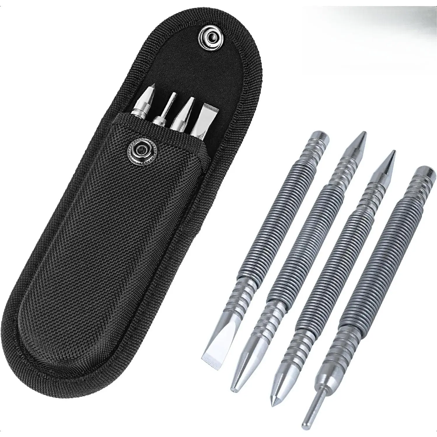 Traiisutor 4-Piece Carbon Steel Tool Set - Spring Loaded, Corrosion-Resistant, Hardened: Dual Head Nail Set, Dual Head Center Punch, Hammerless Cold Chisel, Door Hinge Pin Removal Punch (1/16-in, 3/32-in, 1/8-in, 3/16-in, 5/16-in, 5-3/8-in)