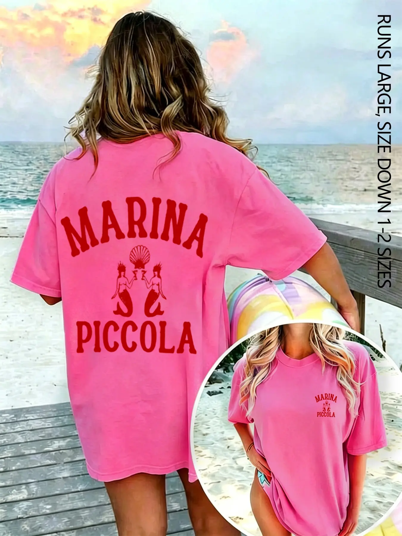 Women's Oversized Casual Pink "MARINA PICCOLA" Mermaid Print T-Shirt, Short Sleeve Summer Beach Style Top