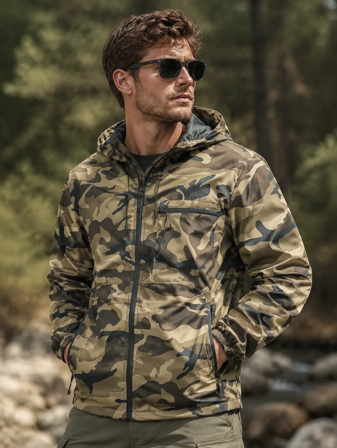 Men’s Jungle Camouflage Waterproof Hooded Jacket with Full Zipper and Elastic Cuffs, Hiking & Hunting Outerwear