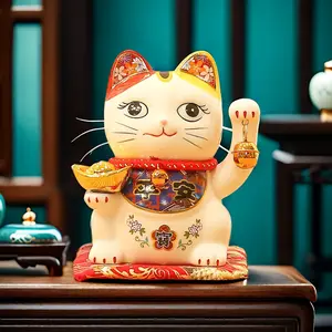 5.5-Inch Anime-Style Ceramic Maneki Neko Figurine - Decorative Good Fortune Cat for Home Decor, Ideal for Bridal Shower, Christmas, Halloween, Hanukkah, Thanksgiving, Father's Day Ornaments White Doll Ornaments Fengshui Amulets Flower Design