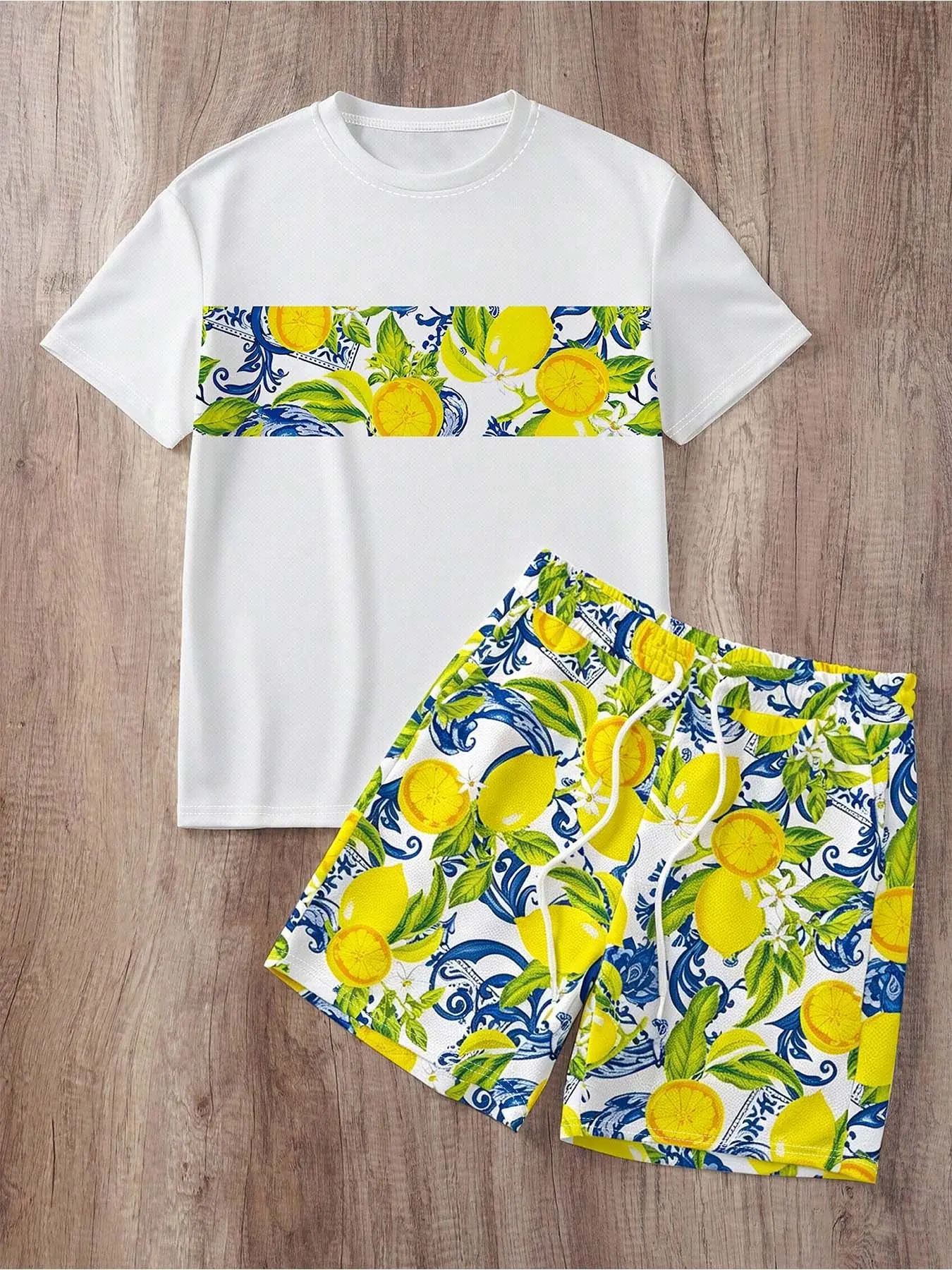 Summer Sicilian Style Lemon Print Casual Set, Refreshing T-Shirt & Blue Lemon Patch Design, Perfect for Beach/daily Outdoors