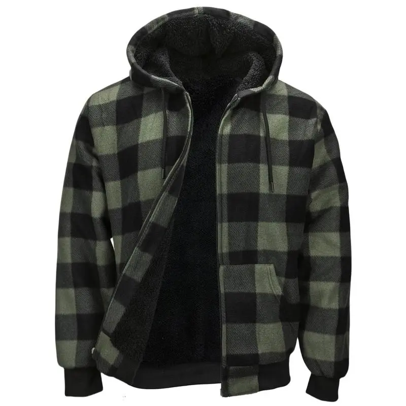 Mens  Fleece Lined Hoodie  Plaid Flannel Jackets With Hooded Winter Warm Coats Heavy Sweatshirt Full Zip Up