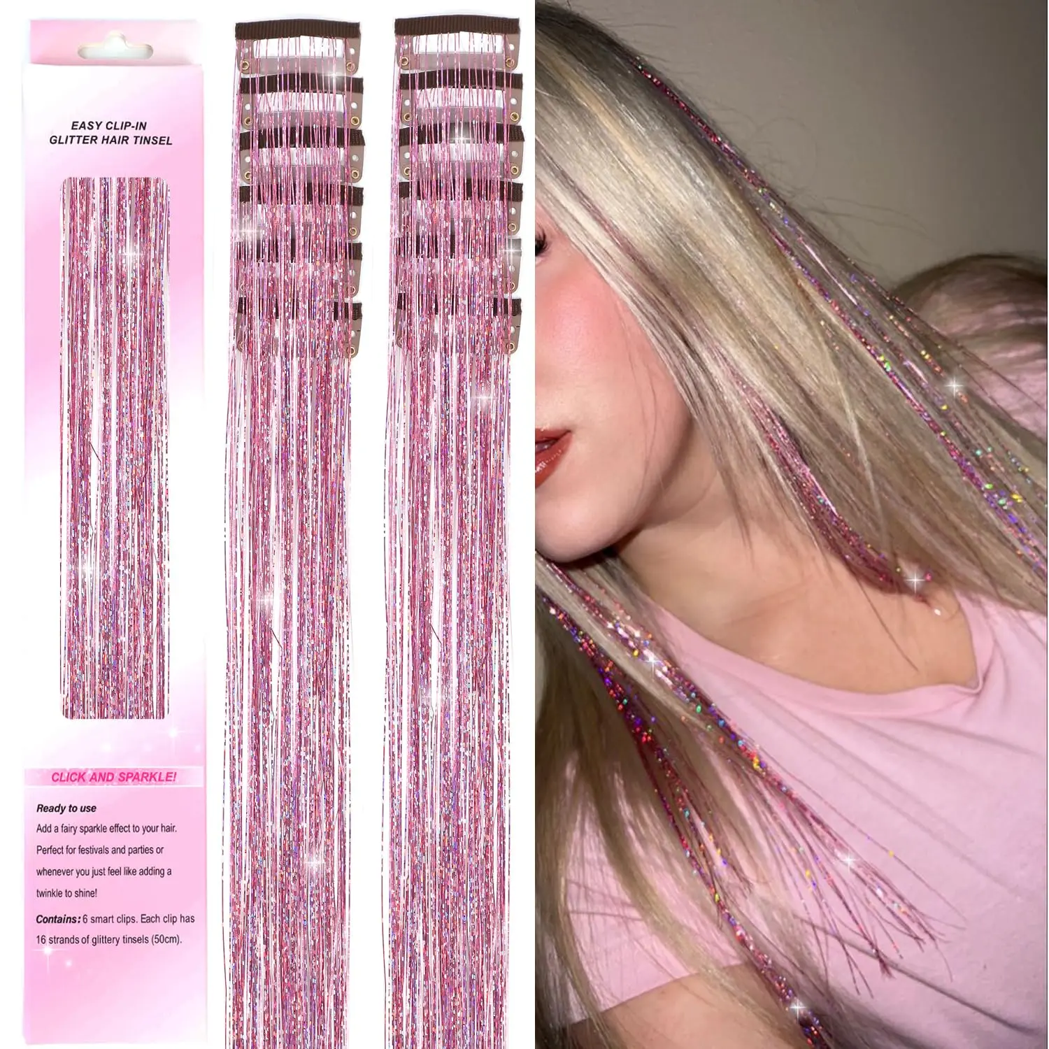 Hair Tinsel Clip in 12 count Pink Tinsel Hair Extensions, Clip in Hair Tinsel Fairy Glitter Hair Tinsel Kit Heat Resistant Sparkly Hair Accessories for Girls Women  (PINK)