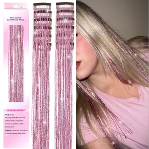 Hair Tinsel Clip in 12 count Pink Tinsel Hair Extensions, Clip in Hair Tinsel Fairy Glitter Hair Tinsel Kit Heat Resistant Sparkly Hair Accessories for Girls Women  (PINK)