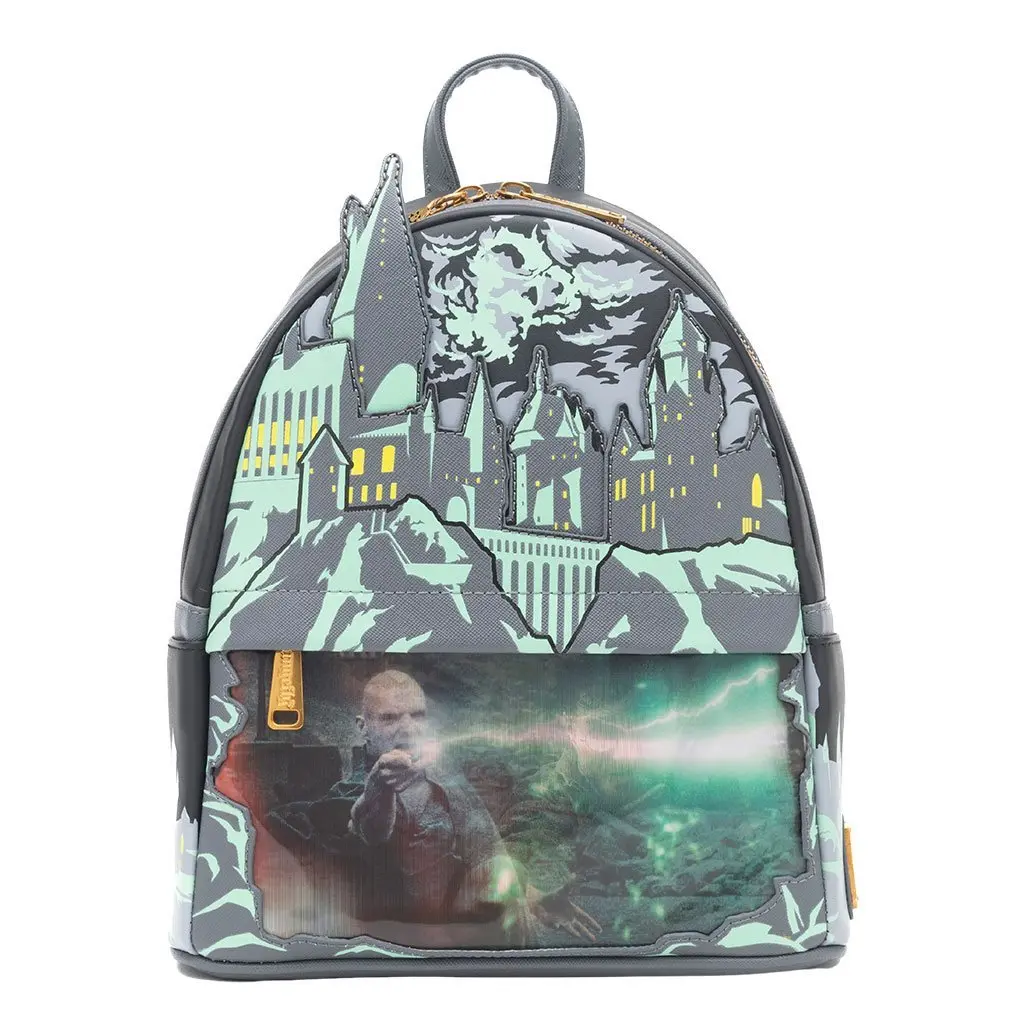 Loungefly Harry Potter Battle of Hogwarts Faux Leather Mini Backpack with Lenticular Screen, Glowing Print, and Dark Mark Details, Casual Printed Backpack