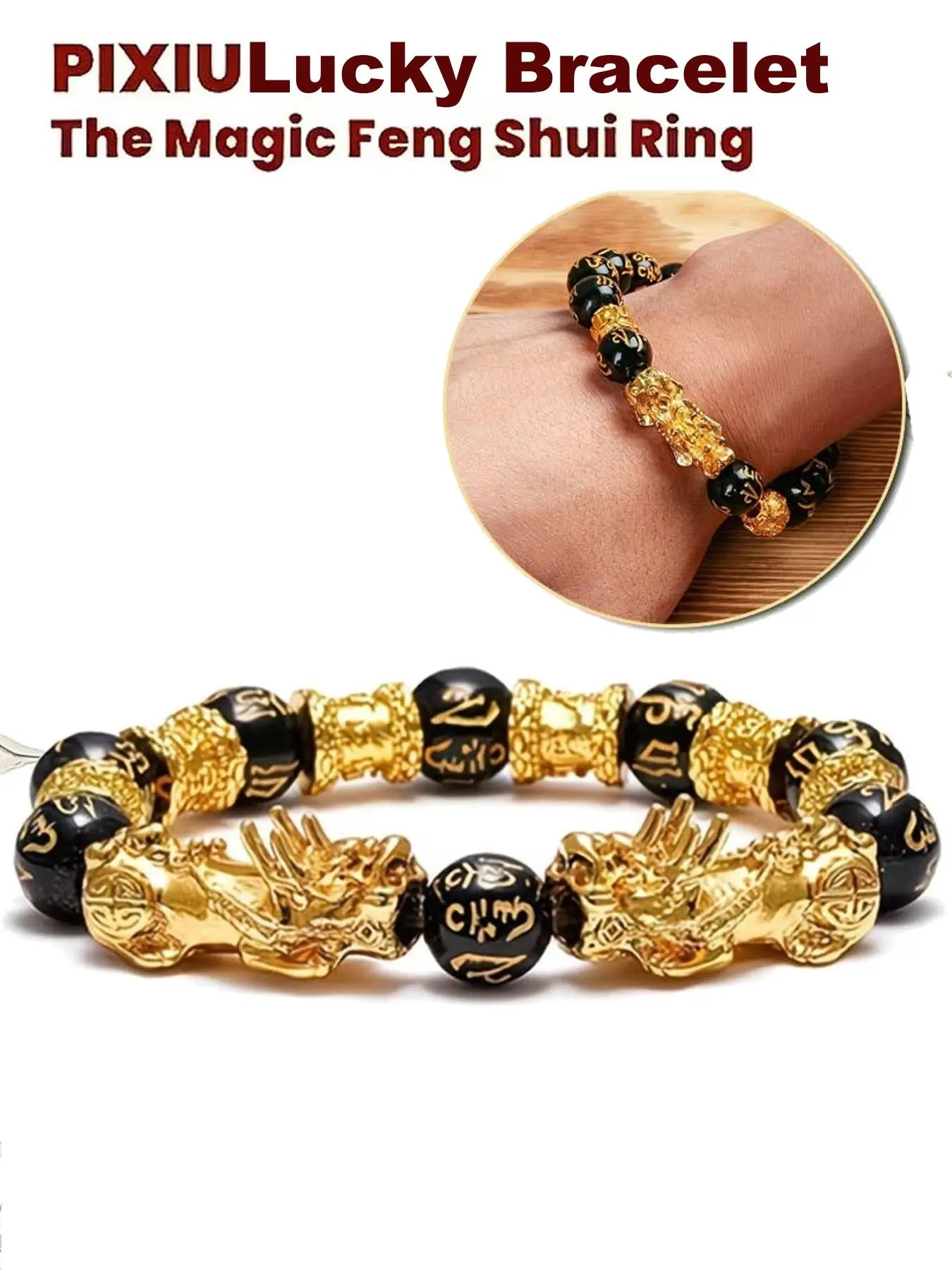 1Pcs Feng Shui Lucky Bracelet Jewelry, Suitable for Men And Women, Beaded Bracelets, Natural Stone, Double Pixiu Design, Obsidian Character Bead Six Character Mantra Bracelet for Wealth Attraction, High Quality Bracelet