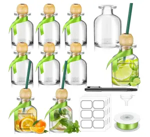 10 Packs 2oz/50ml Shot Glasses Patron Bottles with Cork and Straw Mini Empty Tequila Bottles for Drinks Reusable Tiny Liquor Jar with Green Ribbon for Wedding Party Personalized Decoration