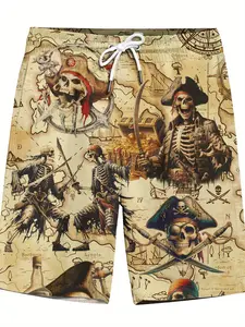 2D Flat Printing, Not Denim Fabric, Men's Vintage Pirate Skull Swim Trunks, Quick-dry and Breathable Swimwear, with Adjustable Drawstring Waist and Pockets, Treasure Map and Pirate Print Design. Lightweight beach shorts, Swimming shorts