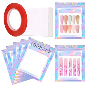 100PCS Press on Nail Packaging Bag and 100PCS White Cardboard Tips Packaging Bags Empty Holographic Storage Bags With 1 Roll Transparent Tape for Press on Business (Laser, Small)