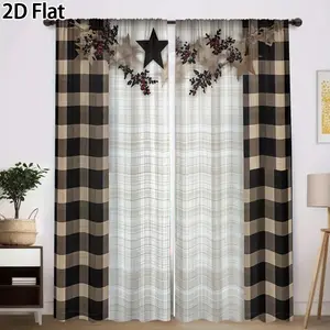2D Flat 2Pcs Farmhouse Plaid Curtains, Home Decoration Curtain, with Berries & Stars, Rustic Home Decor Window Drapes for Living Room, Bedroom, Kitchen, Thanksgiving Theme Translucent tube bag design