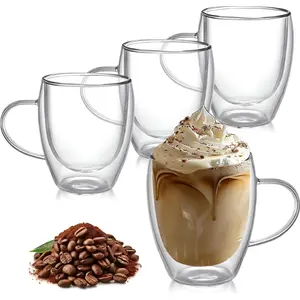 8 Ounces Set of 4 Double Walled Glass Coffee Mugs with with Handle Insulated Layer Coffee Cups Borosilicate Glass Espresso Double Insulated Clear Glass Coffee Mug for Hot Beverages