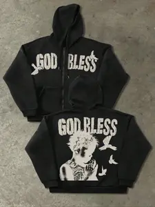 Men's Zipper Loose Knit Graphic Hoodie Sweatshirts, Vintage American Style, 'god Bless' Slogan & Praying Hands Print, Casual Streetwear for All Seasons
