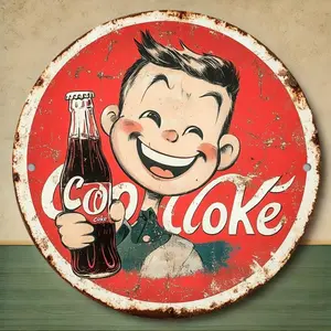 Vintage Coke Bottle Pattern Round Wall Art, Rustic Design, Wall Decor for Home Bar Garage Cafe Office, Ideal Gift