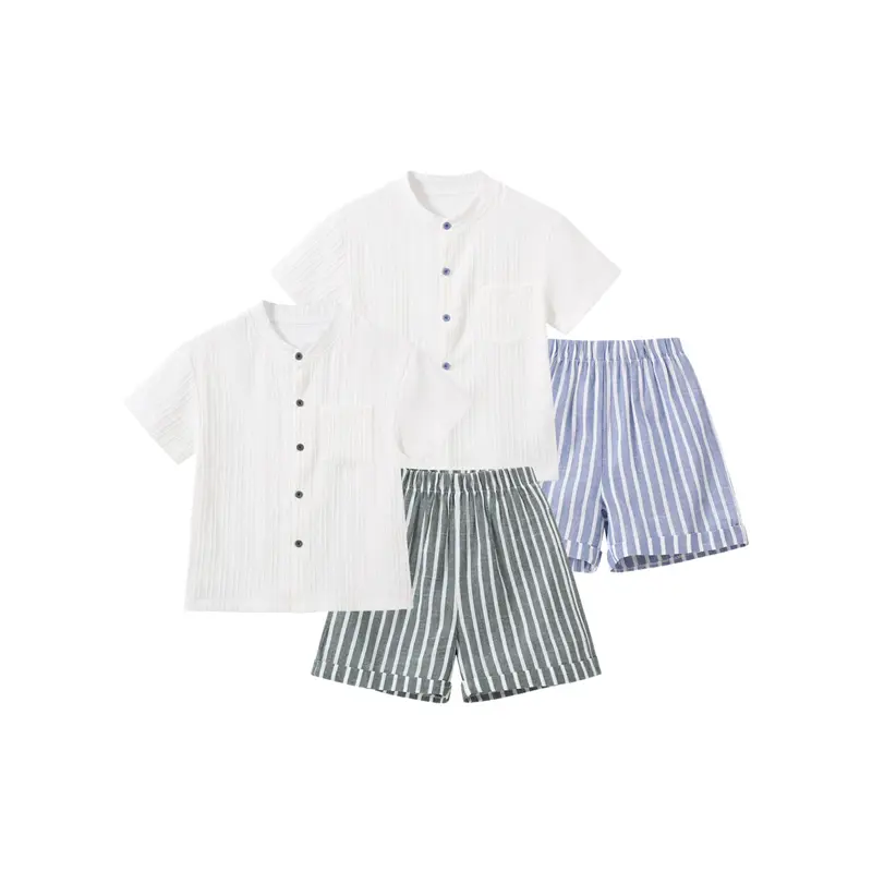 4-piece children's casual striped set for boys, stand-collar ribbed short-sleeve shirt, elastic waist striped shorts, fashionable versatile set Summer Clothing Set Matching Outfits Set