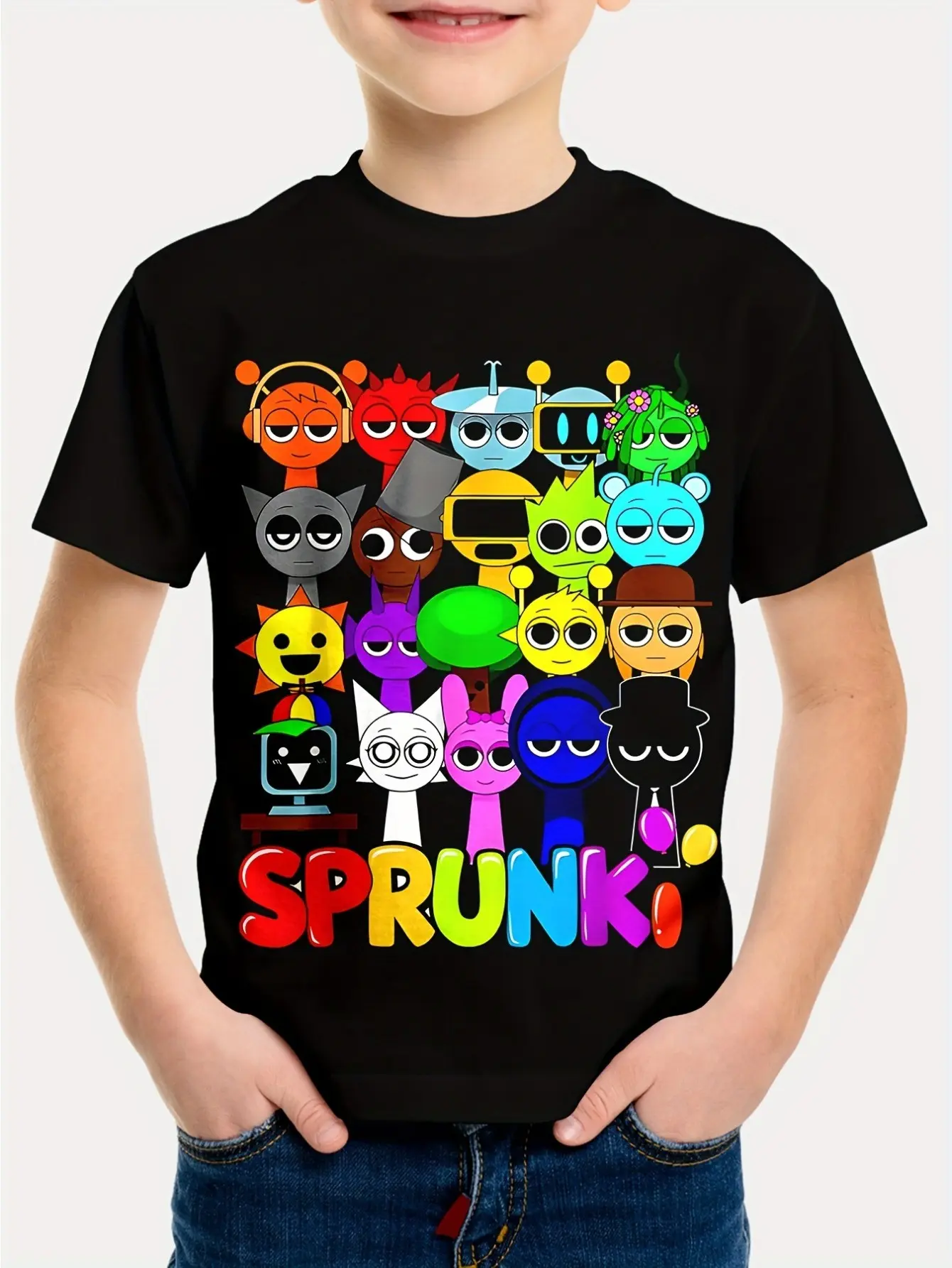 Sprunki Boys' Crew Neck Short-Sleeved Funny Graphic T-Shirt - 3D Digital Cartoon Pattern, Digital Print, All-Season Fashion Top for Daily Wear, Outdoor Activities, Sizes 4-5Y, 5-6Y, Funny Graphic Shirt
