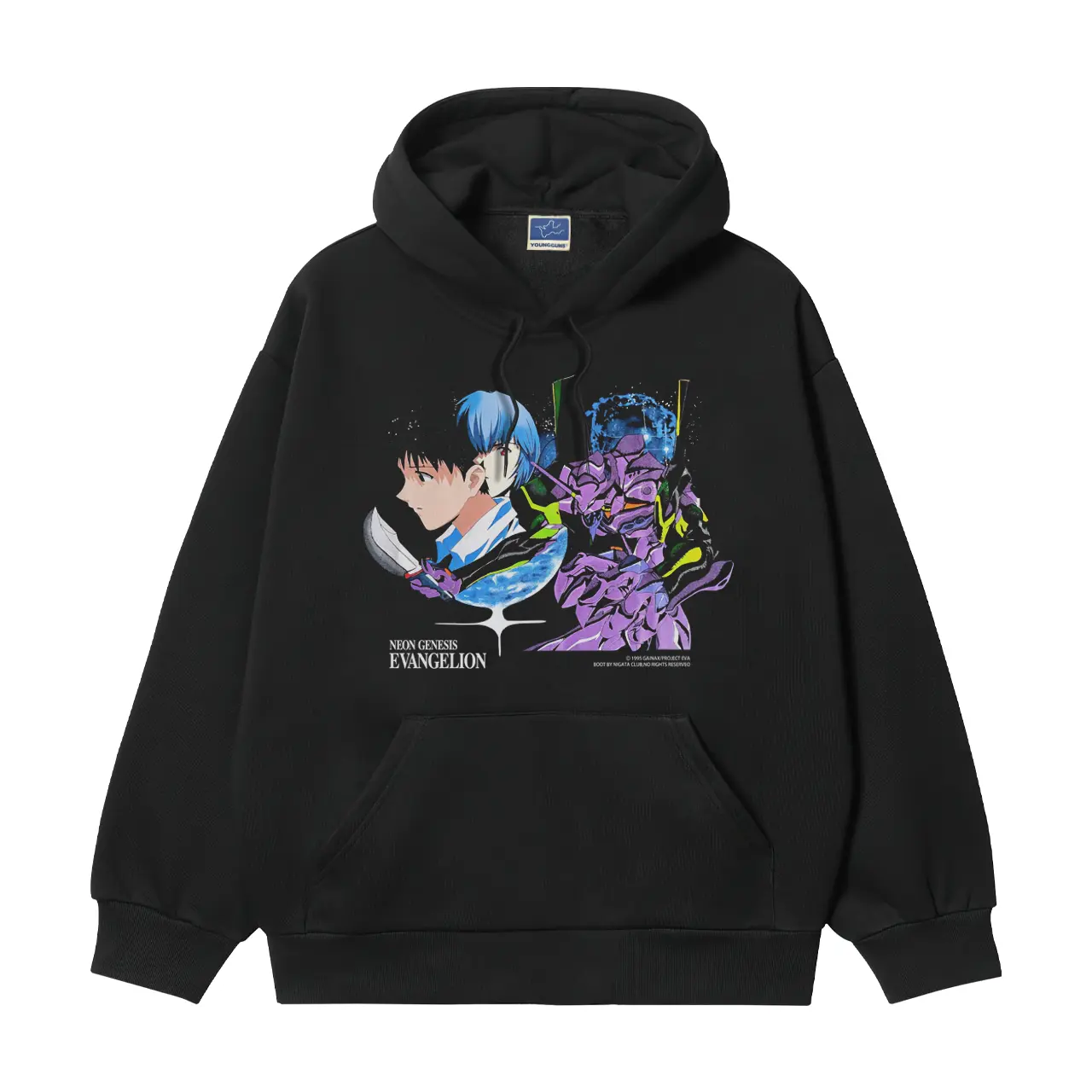 Men's Neon Genesis Evangelion "For This World" Heavyweight Vintage Cotton Blend Hoodie, Longsleeves Pullover, Anime Art Style Men's Hoodies, Casual Biker Crewneck Operator Tops
