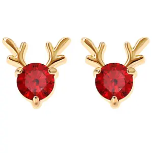 Rudolph Reindeer Earrings for Women Gold Plated Stainless Steel Stud Red CZ by Ginger Lyne