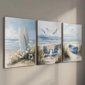 Set of 3 Stretched Canvas Wall Art, Vintage Surfboard & Coastal Beach Painting, Modern Boat & Chairs Artwork with Wood Frame, Ready to Hang Gallery Wrapped Posters for Living Room Cafe Bar