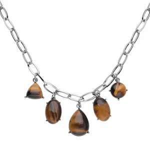 Gemstones Eye Mix Stainless Steel Five Stone Pendant Necklace for Women Jewelry Birthday Christmas Gifts