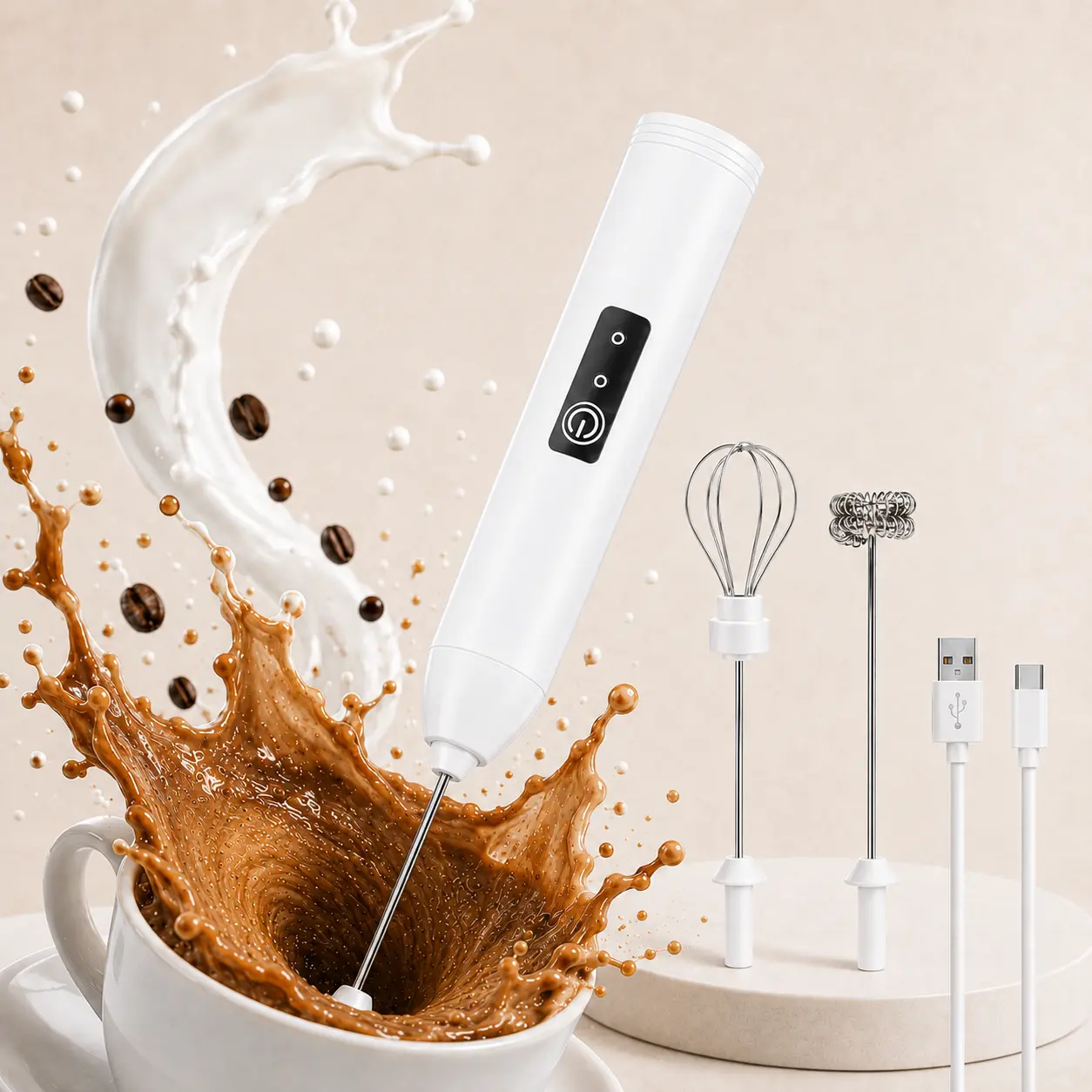 Rechargeable Handheld Milk Frother, 3-Speed Electric Coffee Frother with 2 Detachable Whisks for Matcha, Latte, Cappuccino and Hot Chocolate