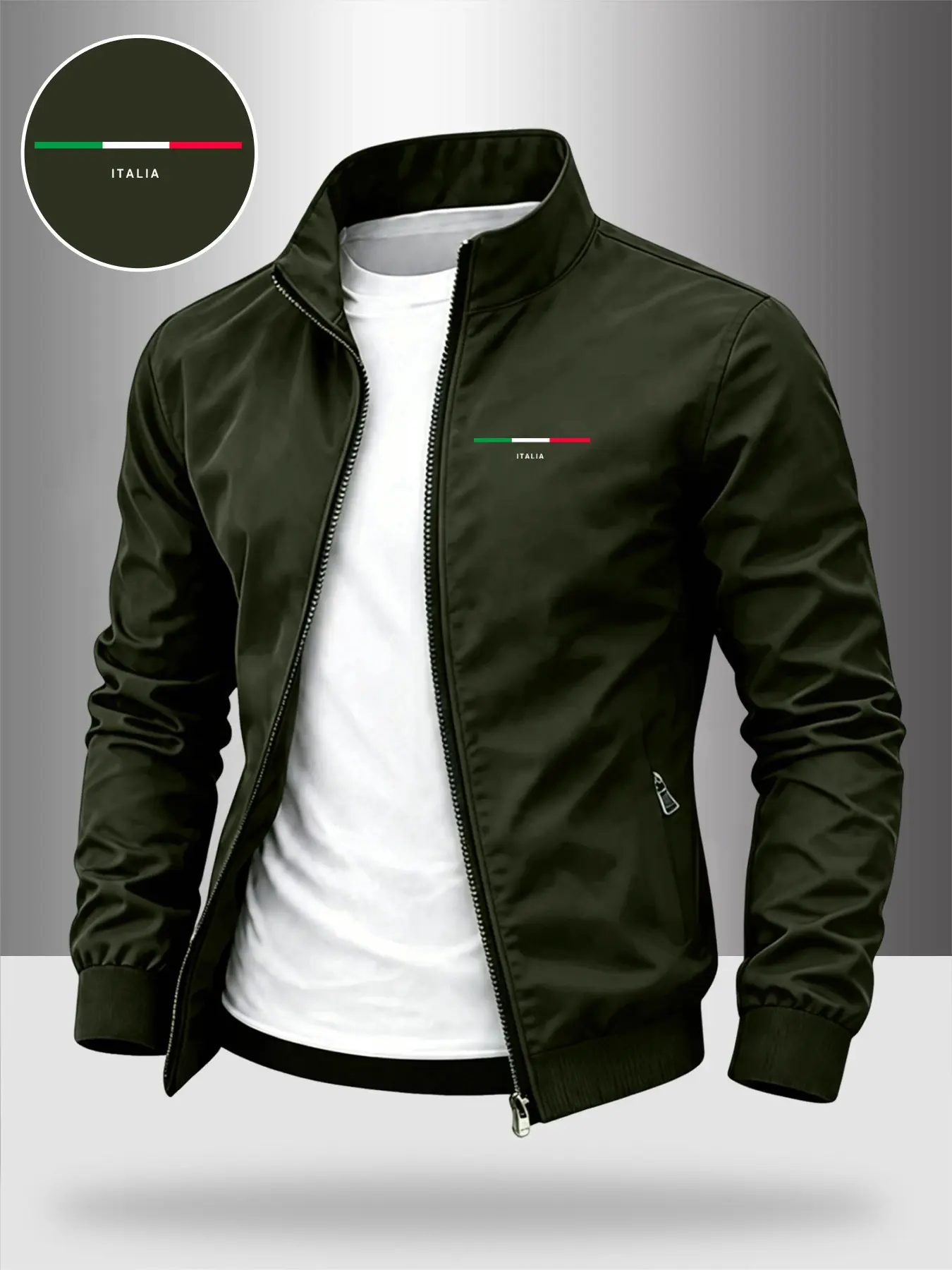 Men's Simple Style Italian Stand Collar Jacket, Business Fashion Casual Plain Windproof Coat, Lightweight Long Sleeve Letter Print Outerwear for Fall & Winter, Stylish Jacket, Casual Collared Coats, Menswear