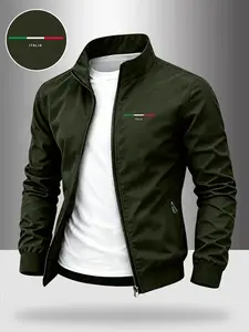 Men's Simple Style Italian Stand Collar Jacket, Business Fashion Casual Plain Windproof Coat, Lightweight Long Sleeve Letter Print Outerwear for Fall & Winter, Menswear