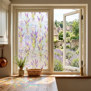 1 Roll Lavender Print Rainbow Holographic Window Film, 44.5cm(17.5in) Privacy Glass Sticker, Non-Adhesive, UV Protection, with Installation Tools