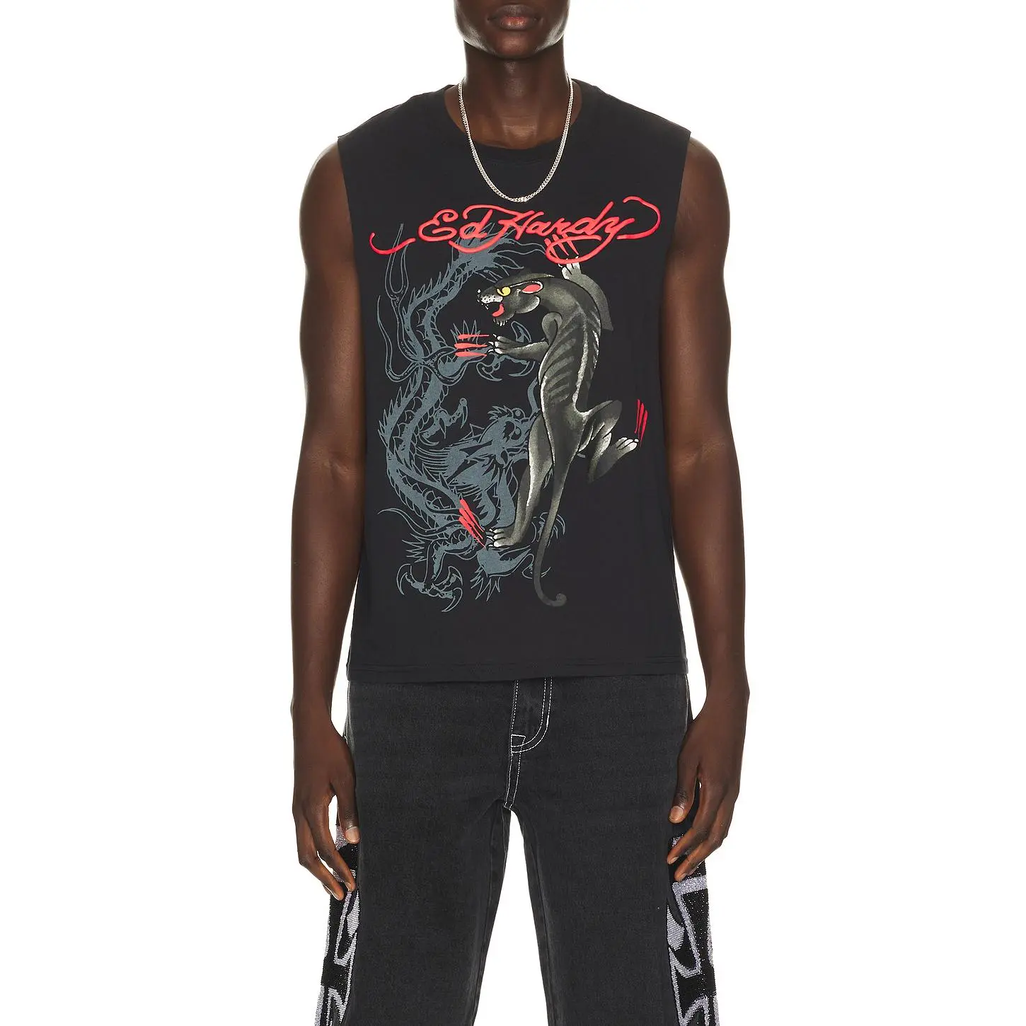Ed Hardy Panther Rose Cut Off Tee in Sunfade Black