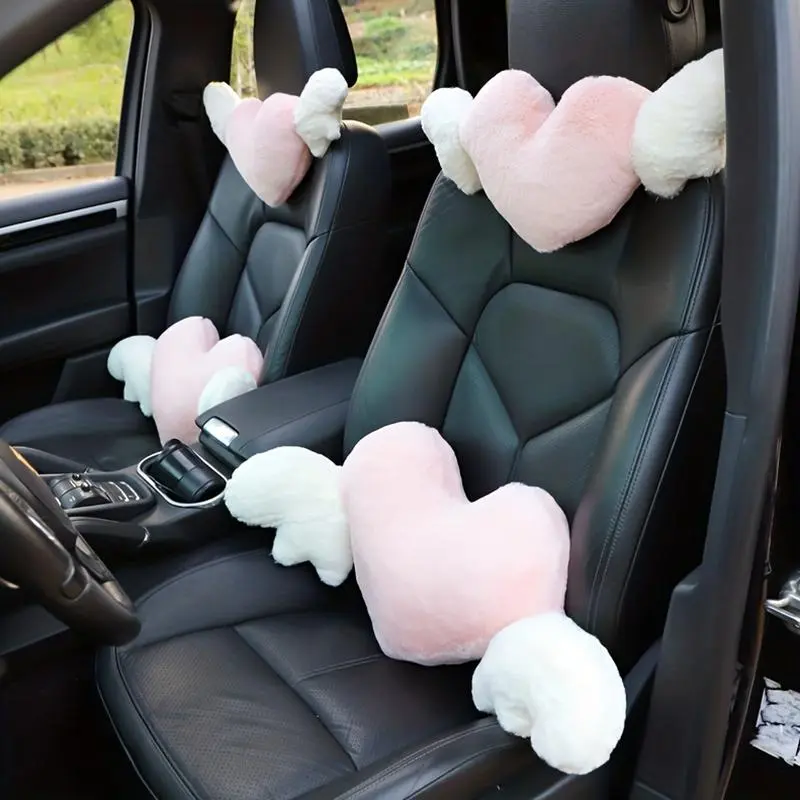 Heart & Wing Design Auto Car Headrest Pillow, Soft Plush Car Headrest Pillow, Seat Neck Pillow, Car Interior Decoration Accessories for Women & Girls