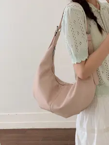 Spring Commuter Soft Leather Shoulder Bag, Solid Color Minimalist Crescent Shape, Adjustable Strap Casual Women's Bag for Daily & Office Use Chic Crossbody Purse