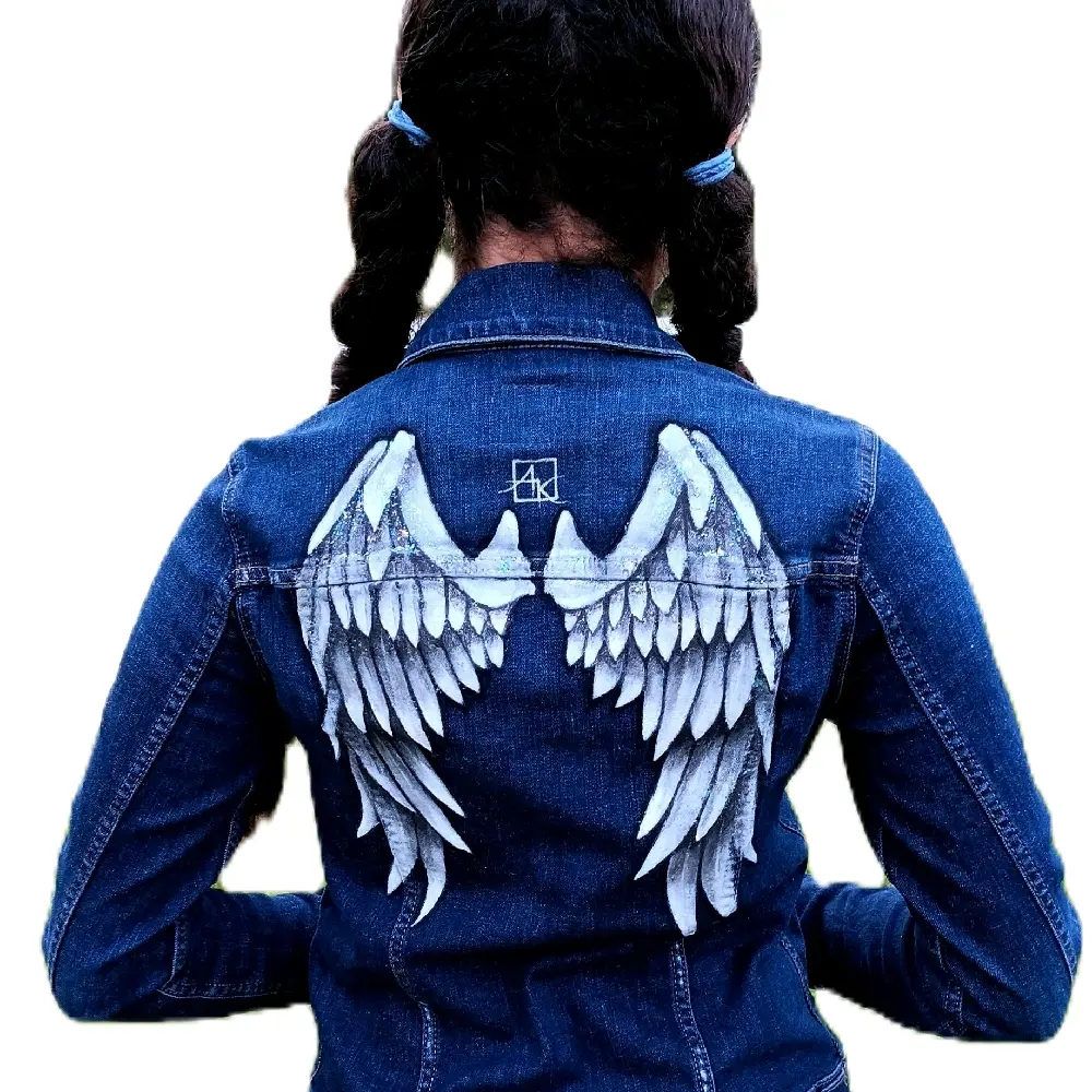 Hand Painted Custom Art Distressed Dark Blue Denim Jacket with White Angel Wings Glitter XS Casual Womenswear Joe's Fitted Coats