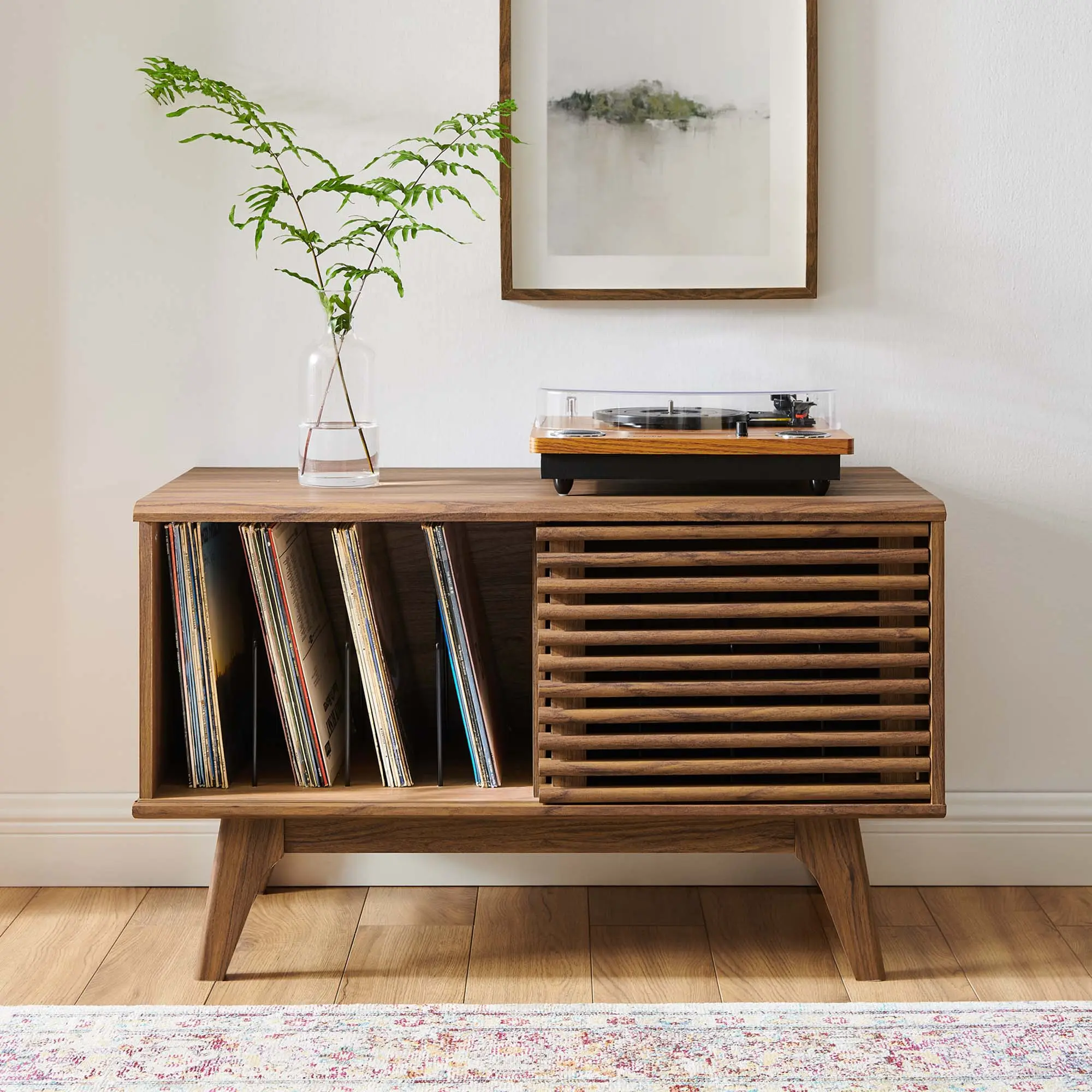 Walnut Laminate Mid-Century Vinyl Record Display Stand - Sliding Door Indoor Cabinet with Linear Slats, Standing Organiser for Vinyl Records