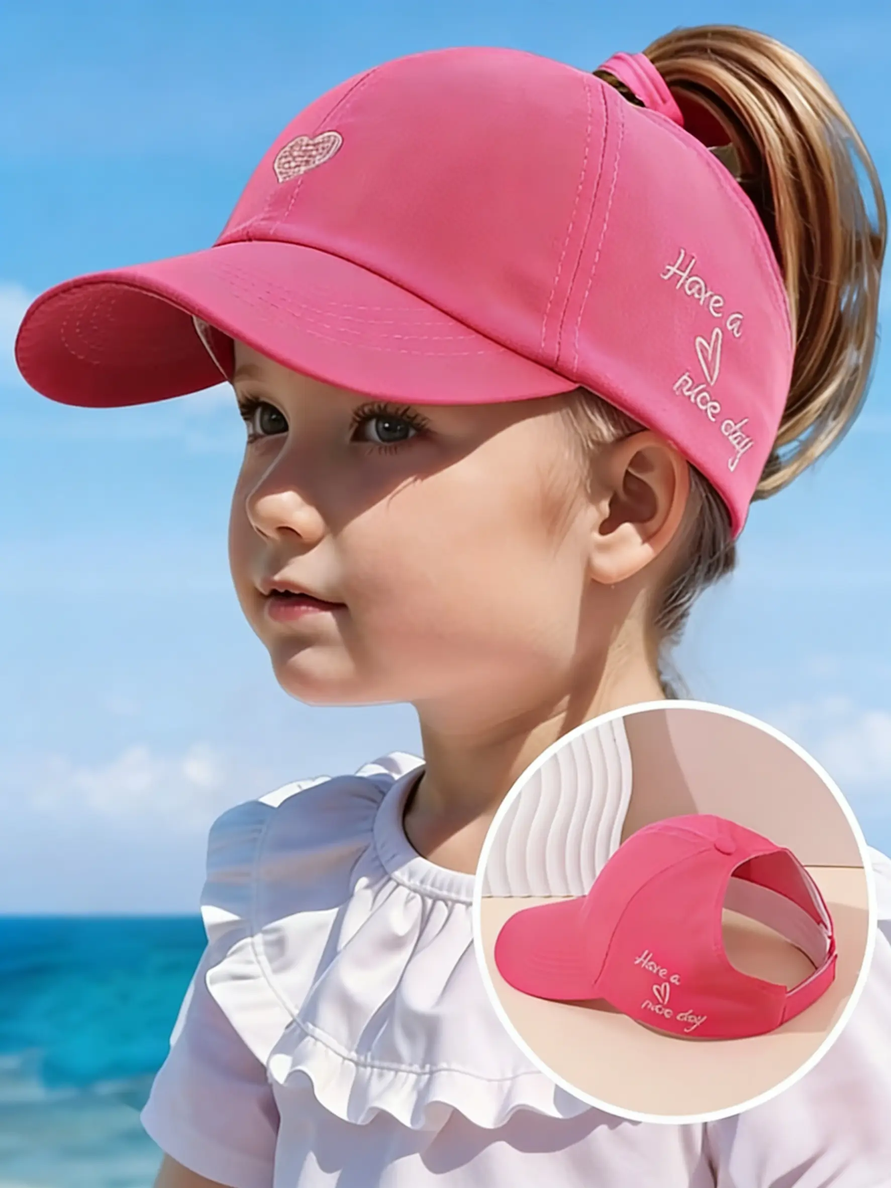 Toddler Sun Hat, Spring Summer Girls Baby Embroidered Heart Baseball Cap, Adjustable Breathable Thin Ponytail Sun Cap for Outdoor Play Travel, Ages 3-7, Kid Sun Hat