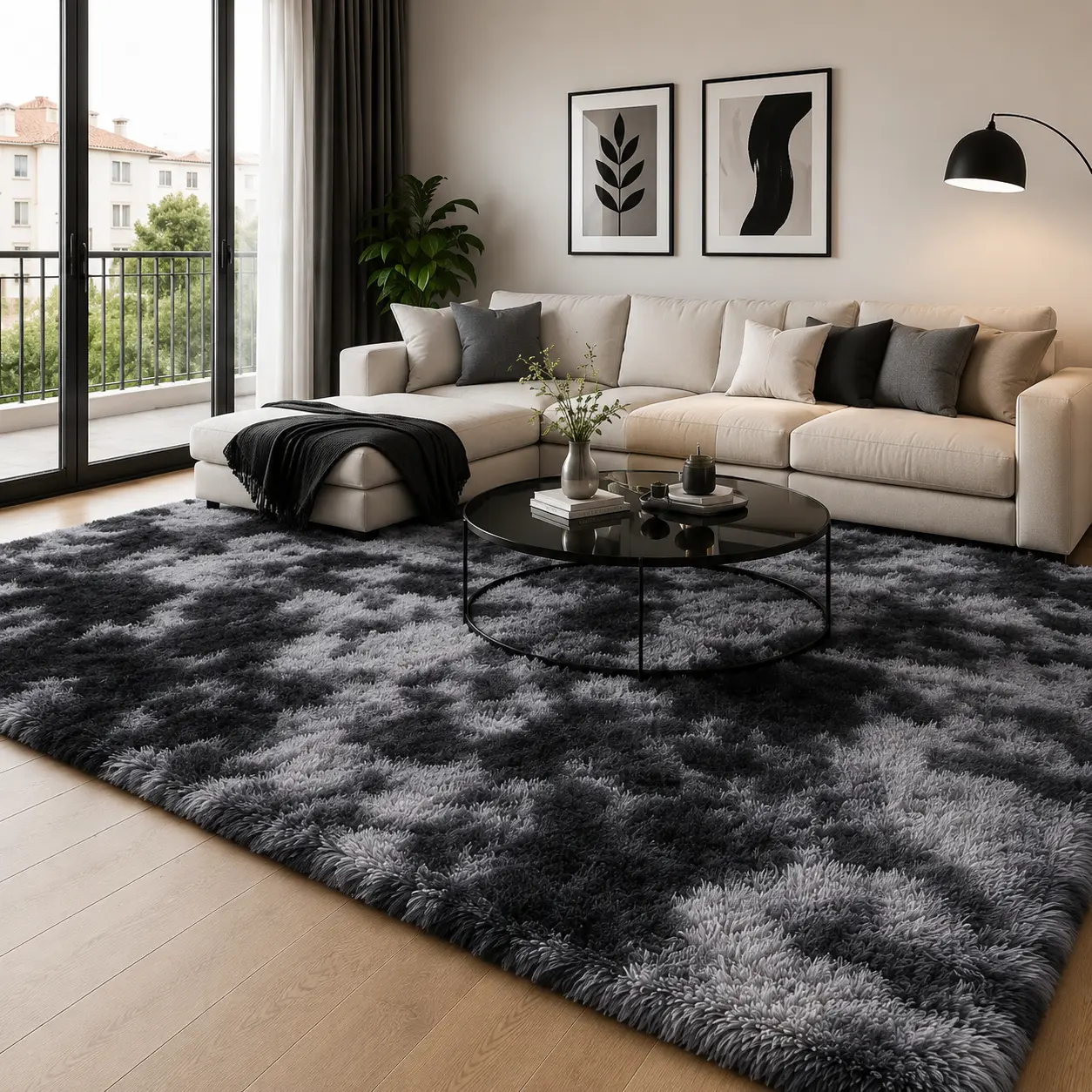 ComiComi Tie-Dye Shaggy 8x10 Area Rugs For Living Room, Ultra Soft Fluffy Plush Furry Carpet, Machine Washable, Non-Slip, Large Fuzzy Rugs For Bedroom,Gaming Room, Stream Room, Men's Room Apartment Decor, Dark Gray Black, Cool Rugs For Teenage Boy