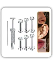 16G Heart-Shaped Flat-Back Stud Earrings, Stainless Steel 6/8/10mm Stem 3mm Cz Stud Earrings for Men and Women - Hypoallergenic Surgical Steel Internal Thread Tragus Cartilage Conch Nose Piercing Jewelry - Comes with Piercing Ball Grabbing Tool
