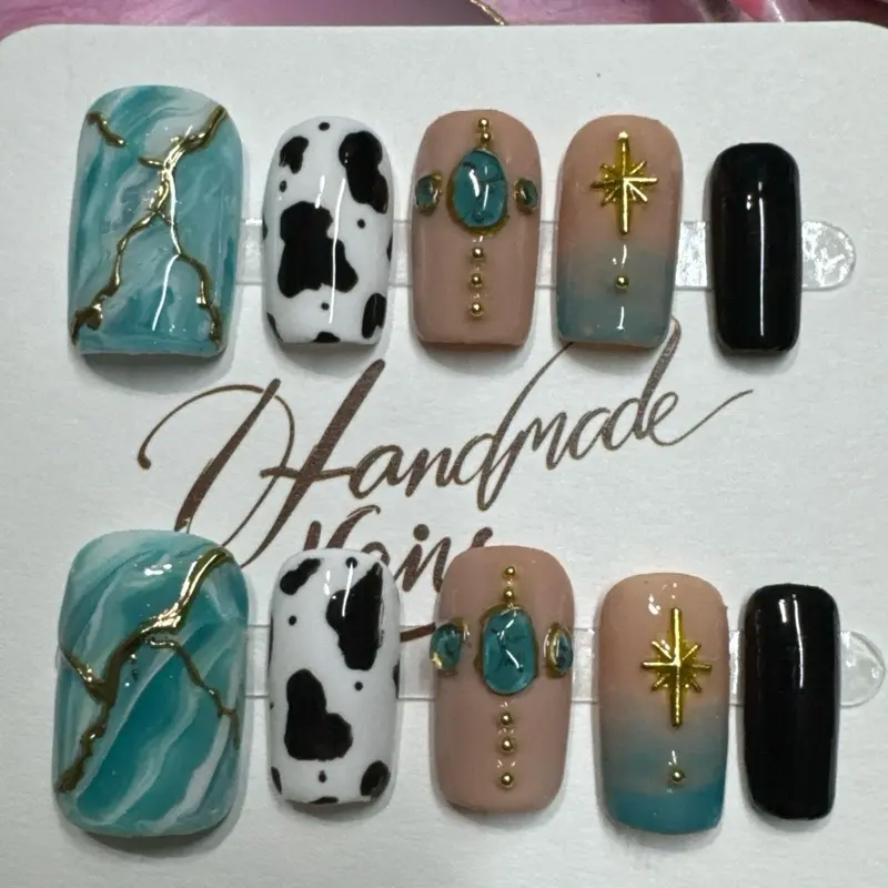 Luxe Nail Bar Turquoise Cowgirl Set - Handmade Custom Fit 10 Piece Set with Marble Cow Print Stone Accent & Gold Details