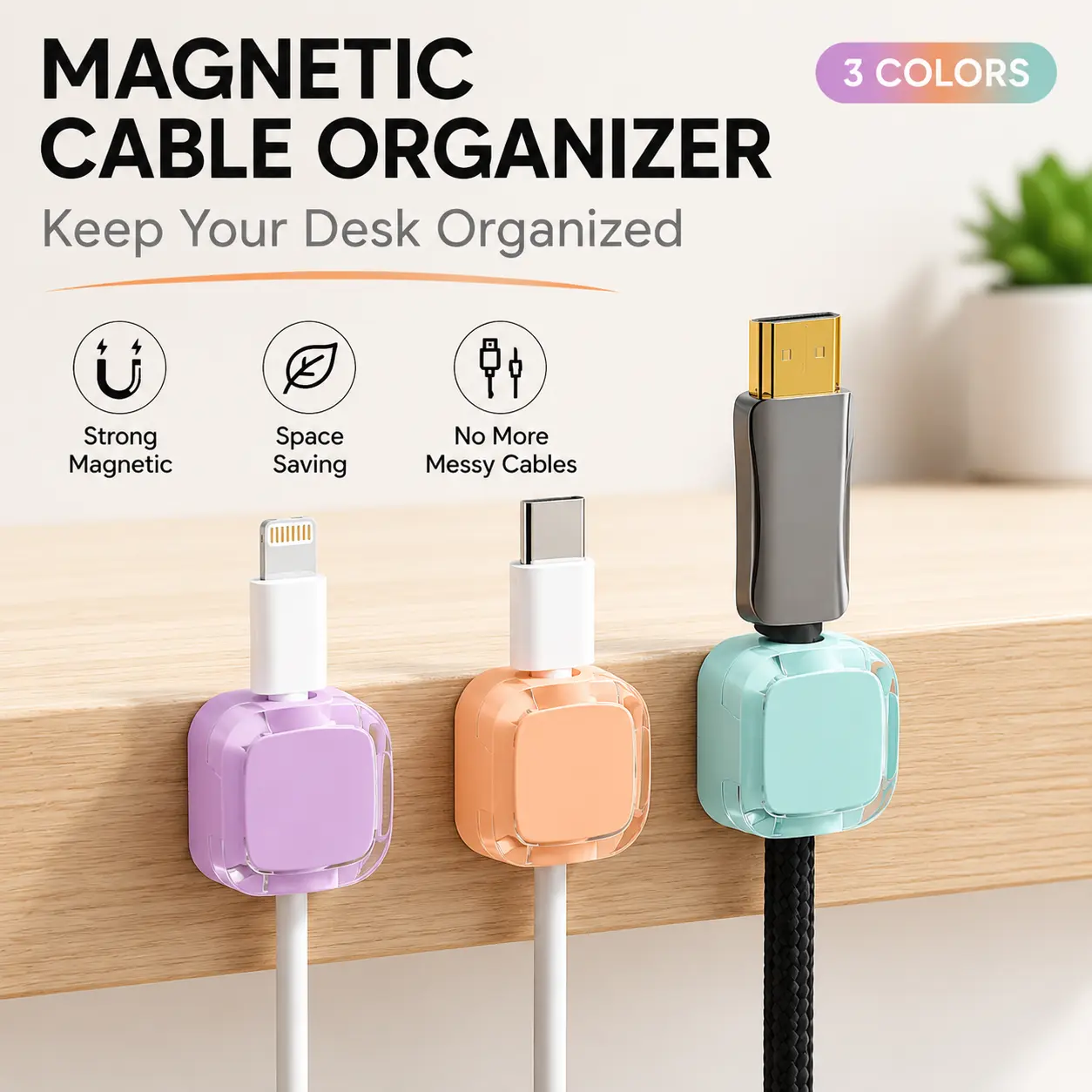 Strong Magnetic Cable Organizer Clips, 3/6 Pack Self-Adhesive Cord Holder for Desks, Charging Cables Management, Space-Saving Wire Tamer for Home Offices & Nightstands